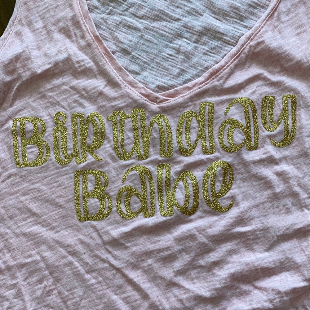 Custom graphic vinyl print tank “birthday babe” gold glitter letters medium tall